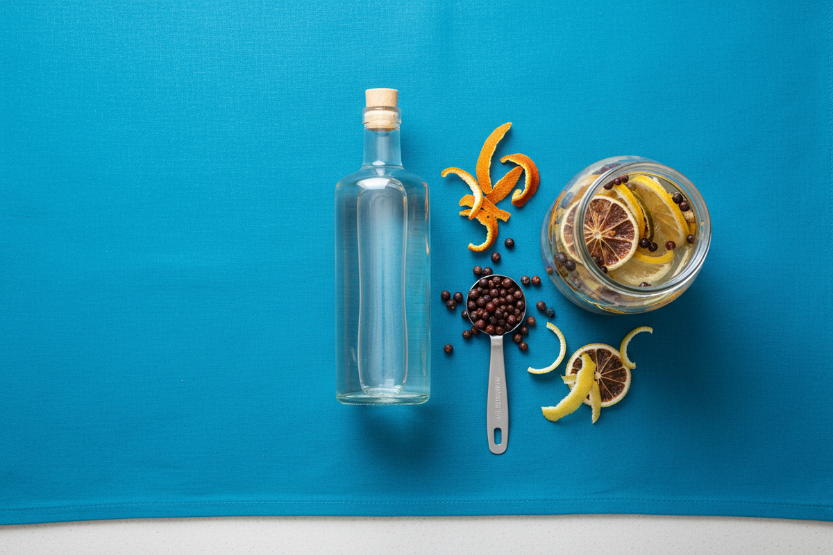 A clear bottle of unlabelled vodka beside a wide mouthed jar, a measuring spoon of juniper berries and dried citrus peel on a kitchen worktop.