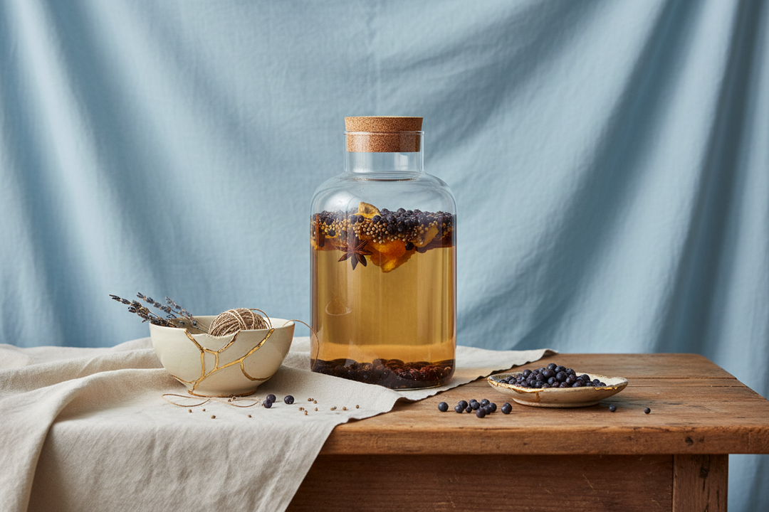 A kitchen table set up for a weekend project with a jar of infusing gin botanicals, a mended bowl with a gold seam and a small dish of juniper berries.