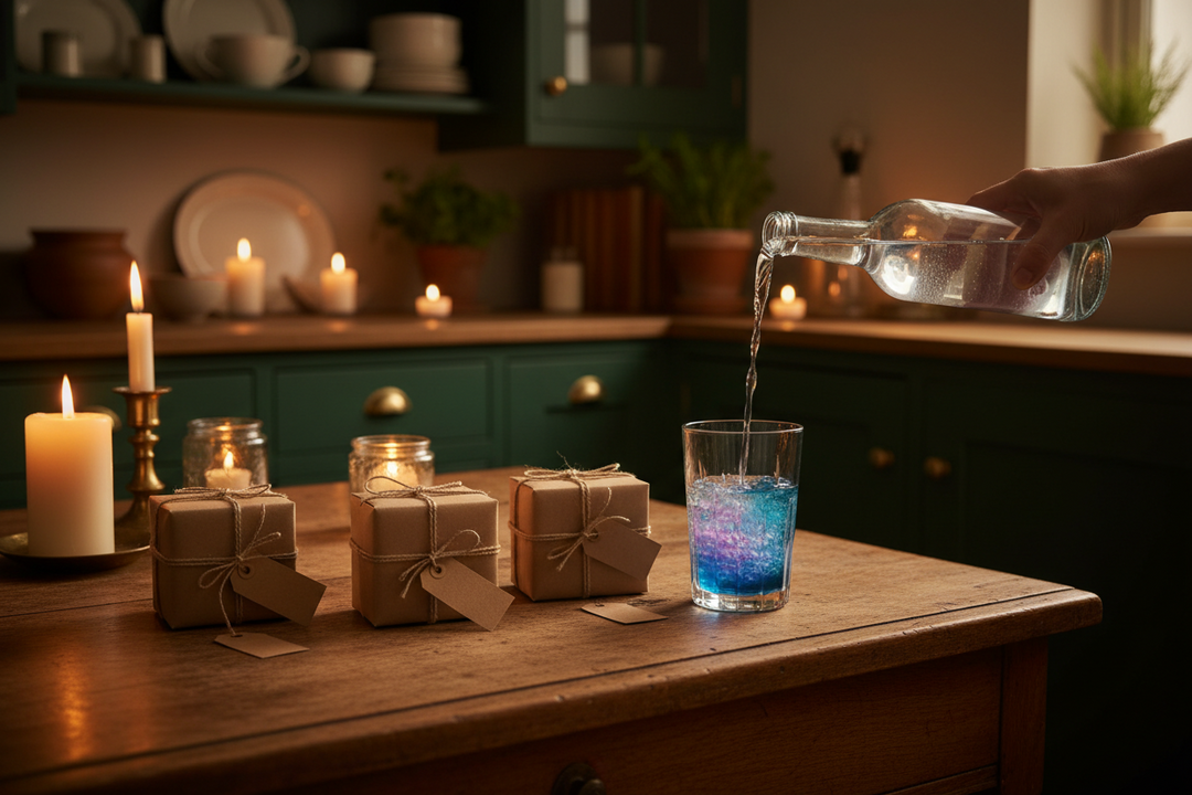 Four small kit boxes wrapped for Secret Santa beside a glass of blue gin turning pink with tonic.