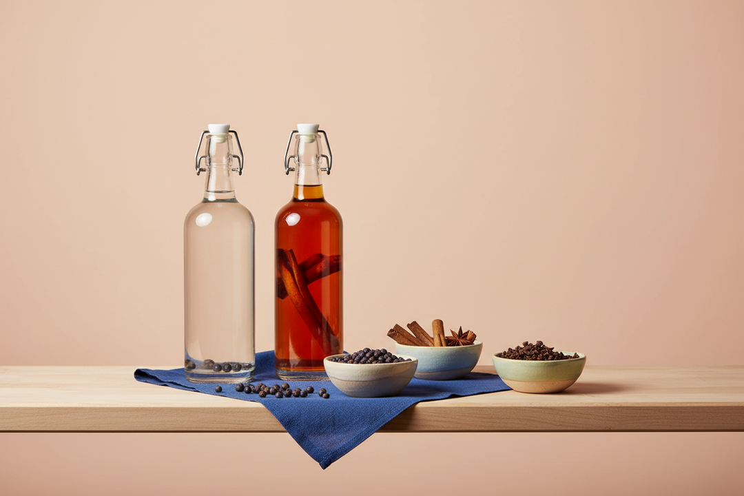 Two labelled swing top bottles of homemade gin and spiced rum on a kitchen shelf beside small dishes of juniper berries and whole spices.