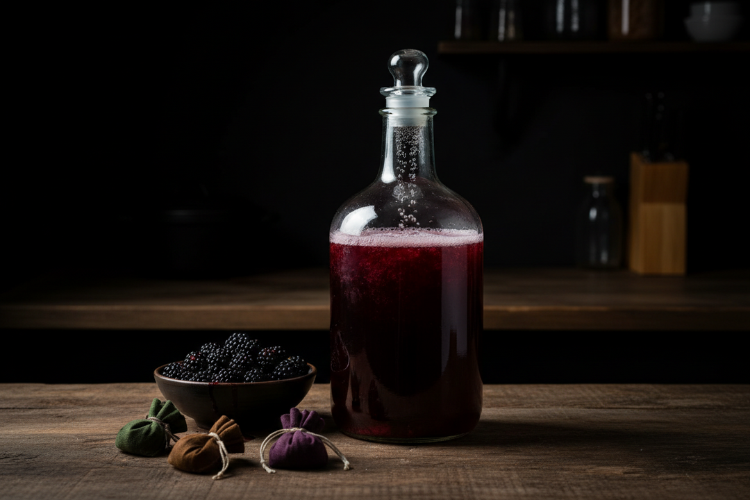 A glass demijohn of deep red country wine with an airlock, beside a bowl of blackberries on a kitchen table.
