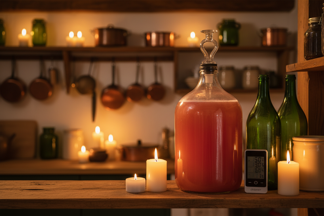 A glass demijohn of cloudy fruit wine with a water filled airlock on top, standing on a warm kitchen shelf.