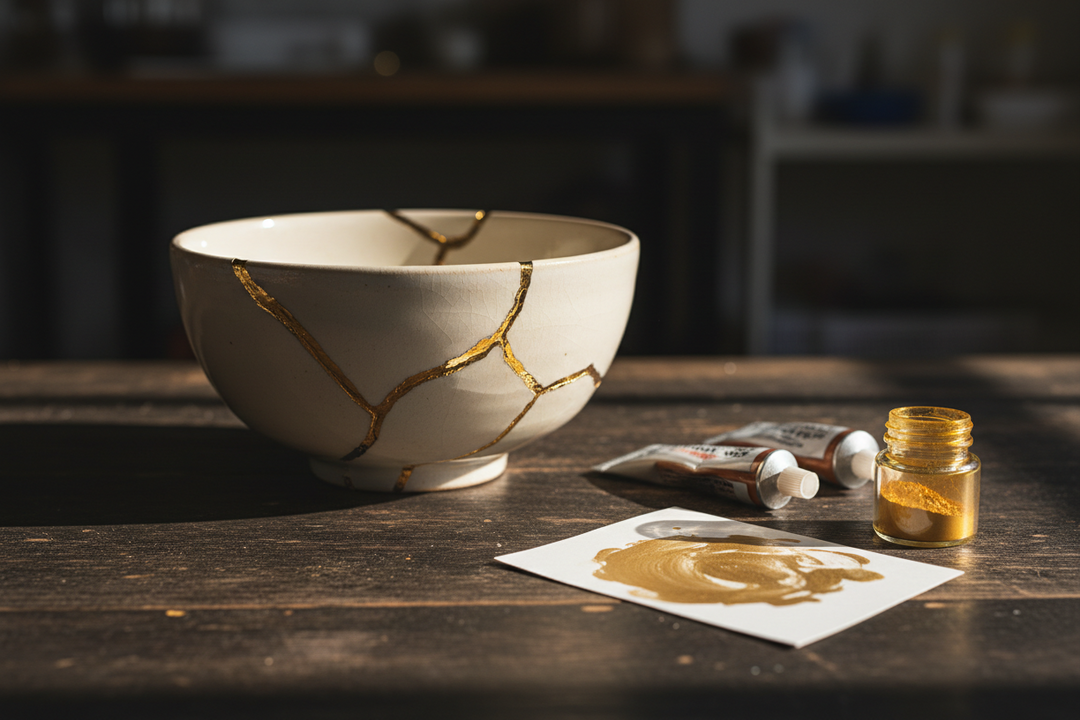 A kintsugi repaired ceramic bowl with golden seams beside sealed adhesive tubes and a small pot of gold pigment powder.