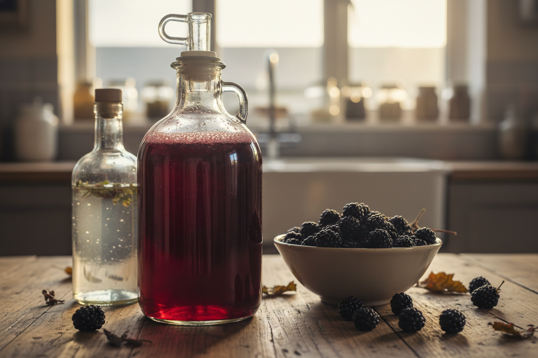 A demijohn of hedgerow wine bubbling through an airlock beside a bowl of blackberries and a bottle of homemade gin.