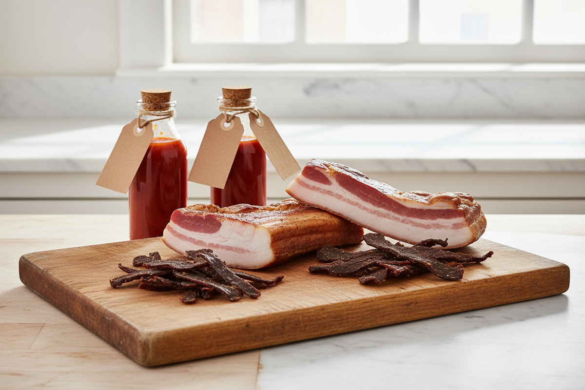 A board of home cured bacon and strips of beef jerky beside bottles of homemade chilli sauce on a kitchen worktop.