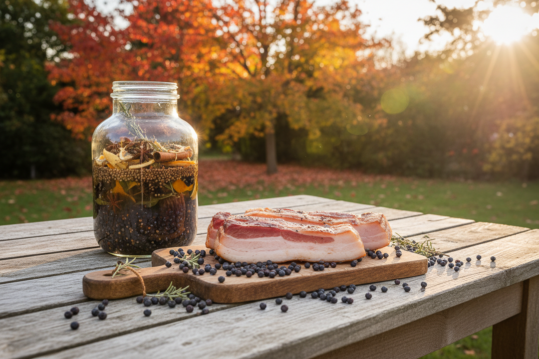 Home cured streaky bacon rashers on a wooden board beside a jar of infusing gin botanicals in a bright kitchen.