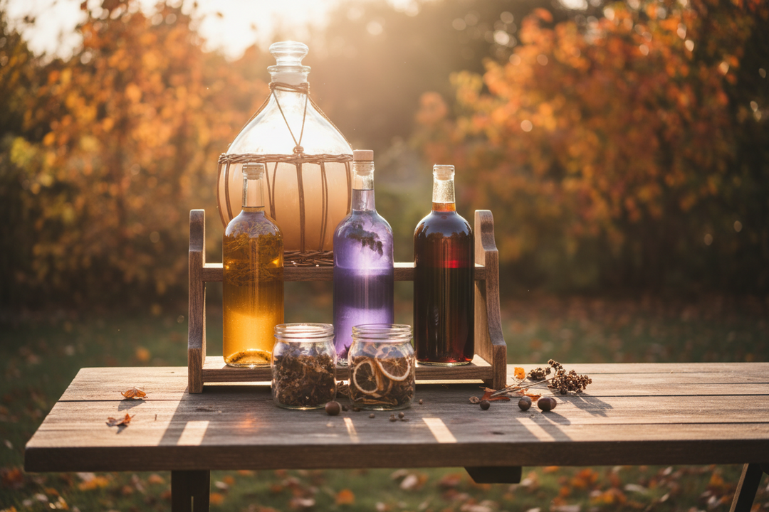 Three bottles of home-infused spirits in different colours on a shelf beside a jar of botanicals and a demijohn.