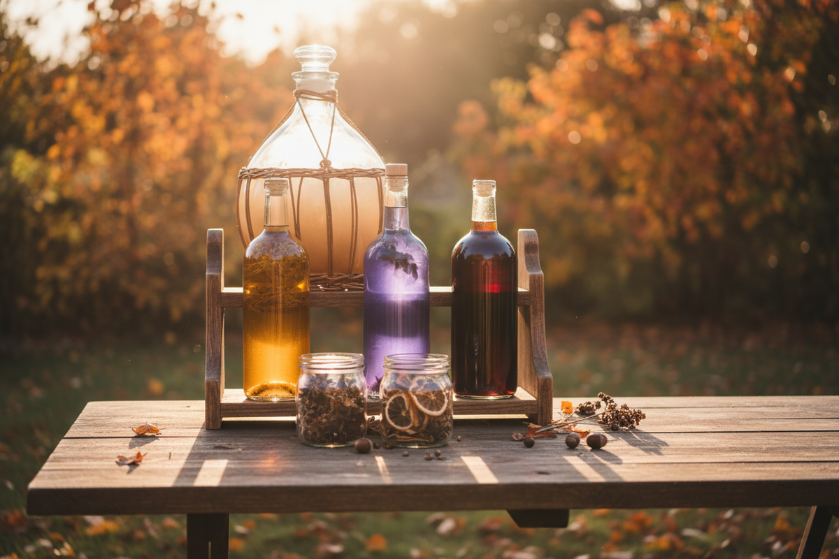 Three bottles of home-infused spirits in different colours on a shelf beside a jar of botanicals and a demijohn.