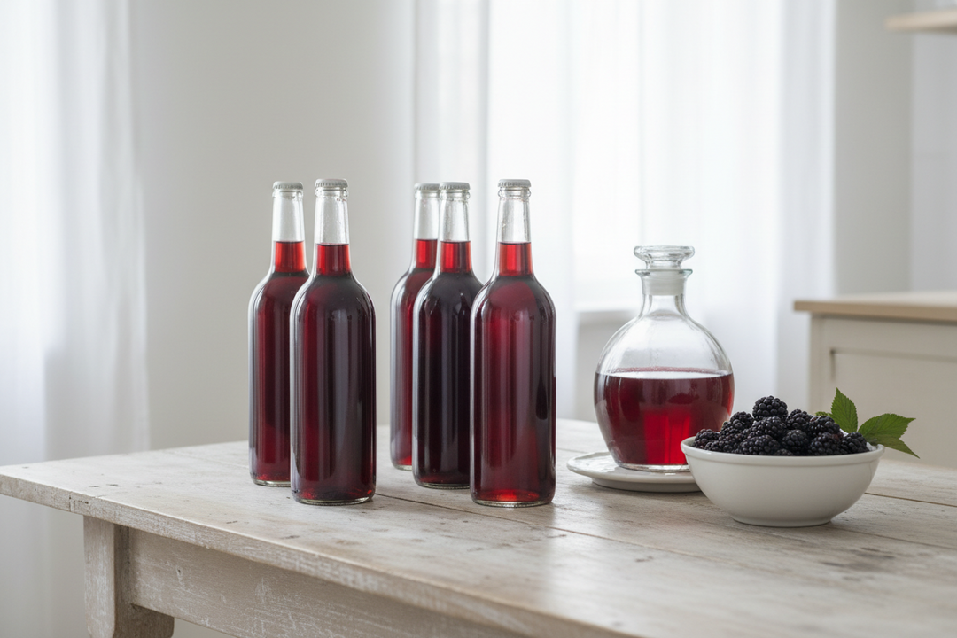 Six bottles of homemade dark fruit wine with plain labels lined up beside a small glass demijohn and a bowl of blackberries.