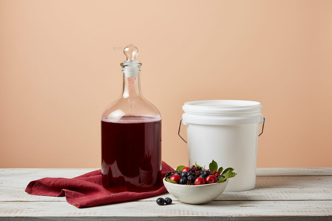 A glass demijohn of deep red country wine with an airlock, beside a sterilising bucket and a bowl of foraged berries on a kitchen worktop.