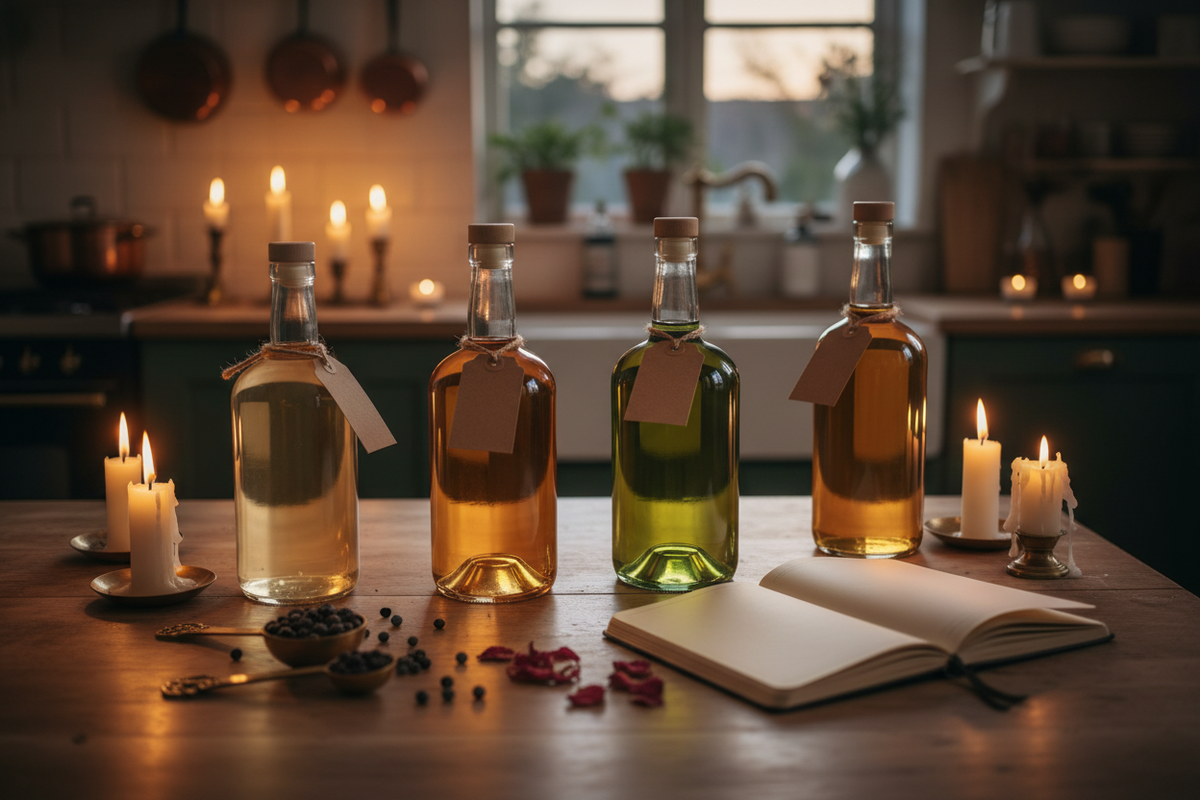 Several bottles of homemade gin with blank handwritten tags lined up on a kitchen table beside a notebook and measuring spoons of botanicals.