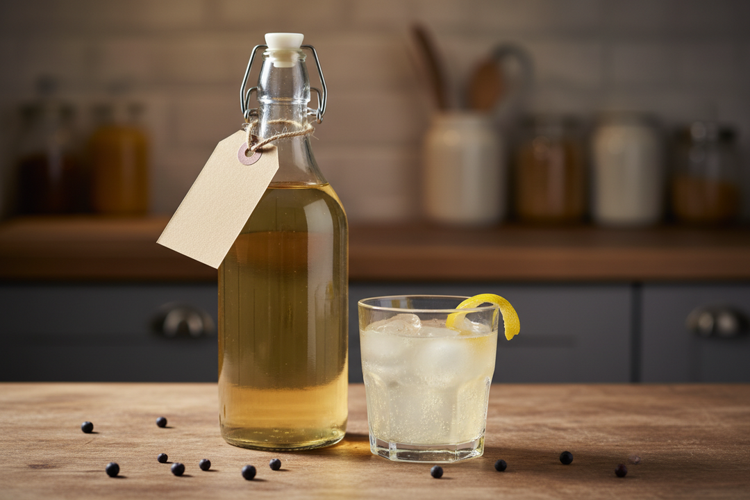 A bottle of homemade gin with a blank handwritten tag tied to the neck, standing beside a glass of gin and tonic with ice and lemon.