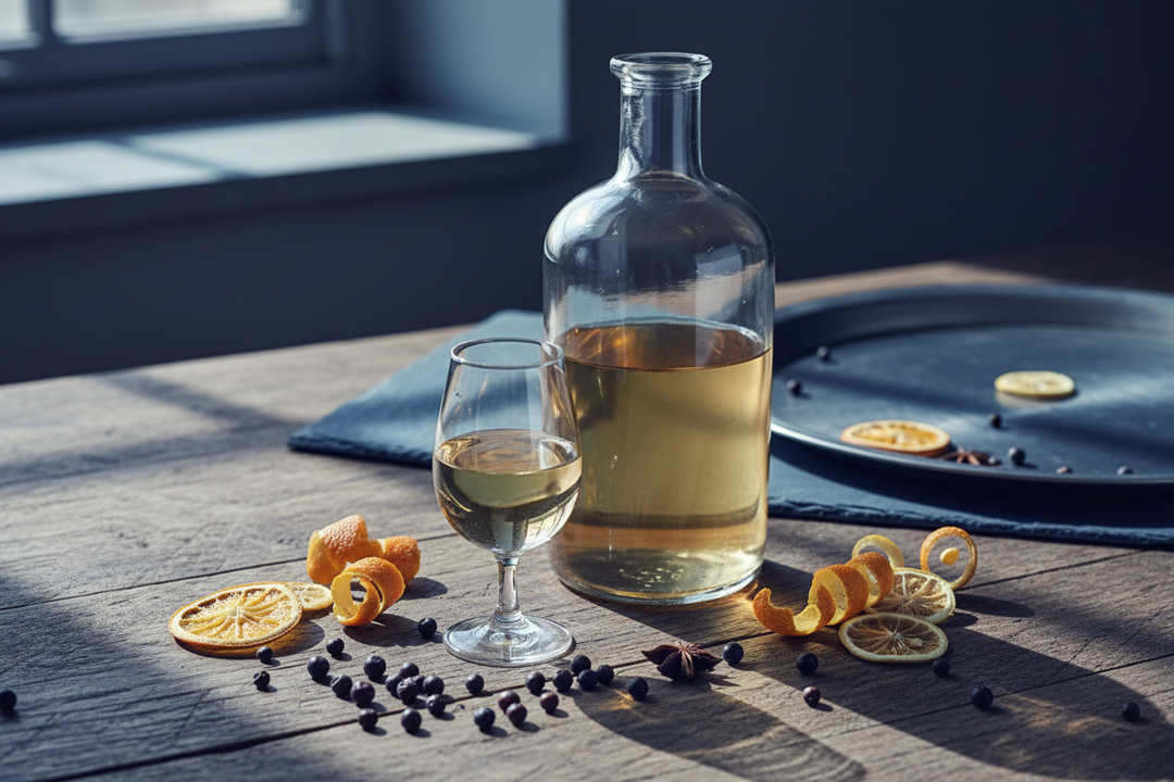 A bottle and glass of pale amber homemade gin held against soft light, with dried orange and lemon peel and juniper berries on the table.