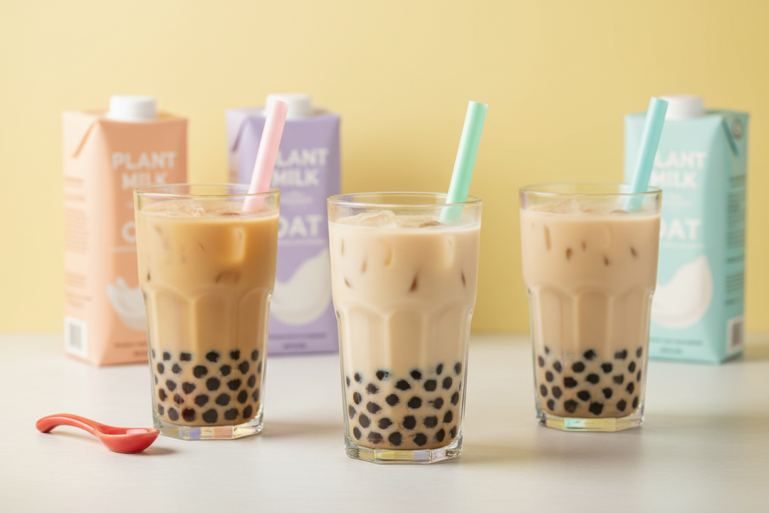 Three tall glasses of iced bubble tea made with different plant milks, each with dark pearls settled at the bottom and a wide straw.