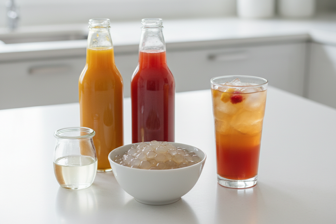 A small jar of clear sugar syrup and two bottles of fruit syrup beside a bowl of glossy tapioca pearls and a glass of iced fruit tea.