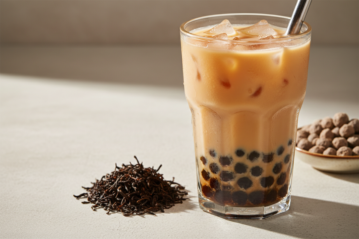A tall glass of iced milk tea with dark tapioca pearls at the bottom, beside loose leaf tea and a small dish of uncooked pearls.