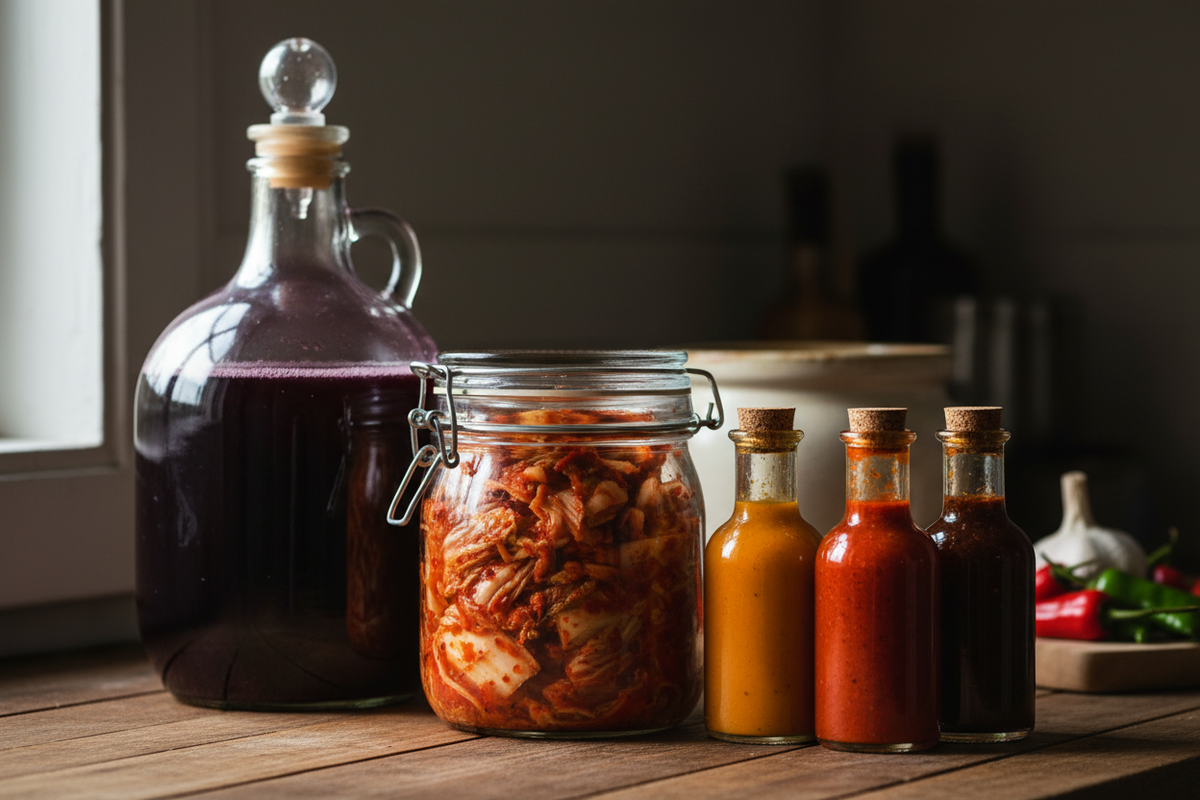 A jar of freshly made kimchi, a row of chilli sauce bottles and a demijohn of fruit wine on a kitchen worktop.