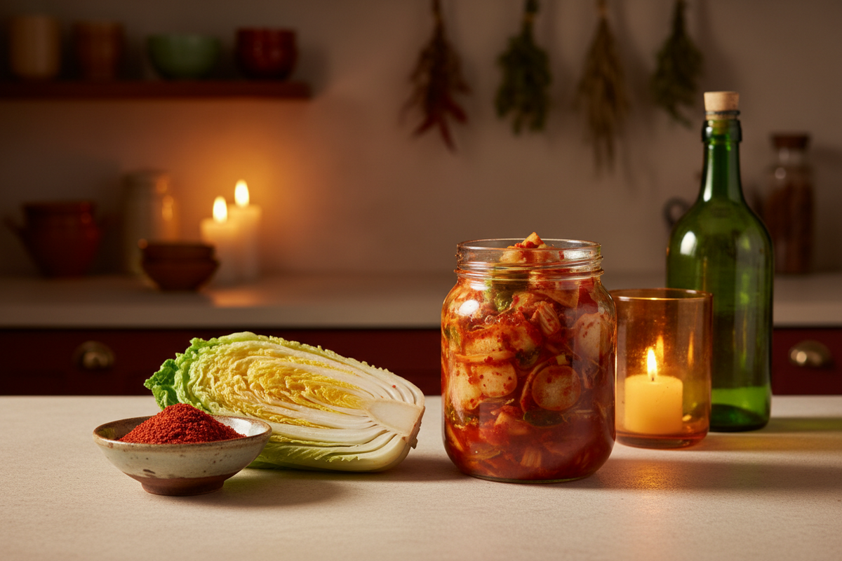 A jar of freshly made kimchi beside a bowl of bright red Korean chilli flakes and a halved Chinese leaf cabbage.