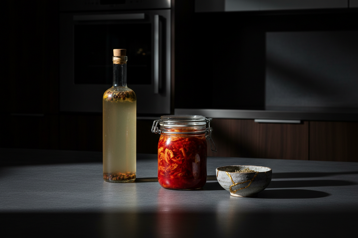 A jar of kimchi fermenting beside a bottle of homemade gin and a repaired bowl with a gold seam on a kitchen worktop.