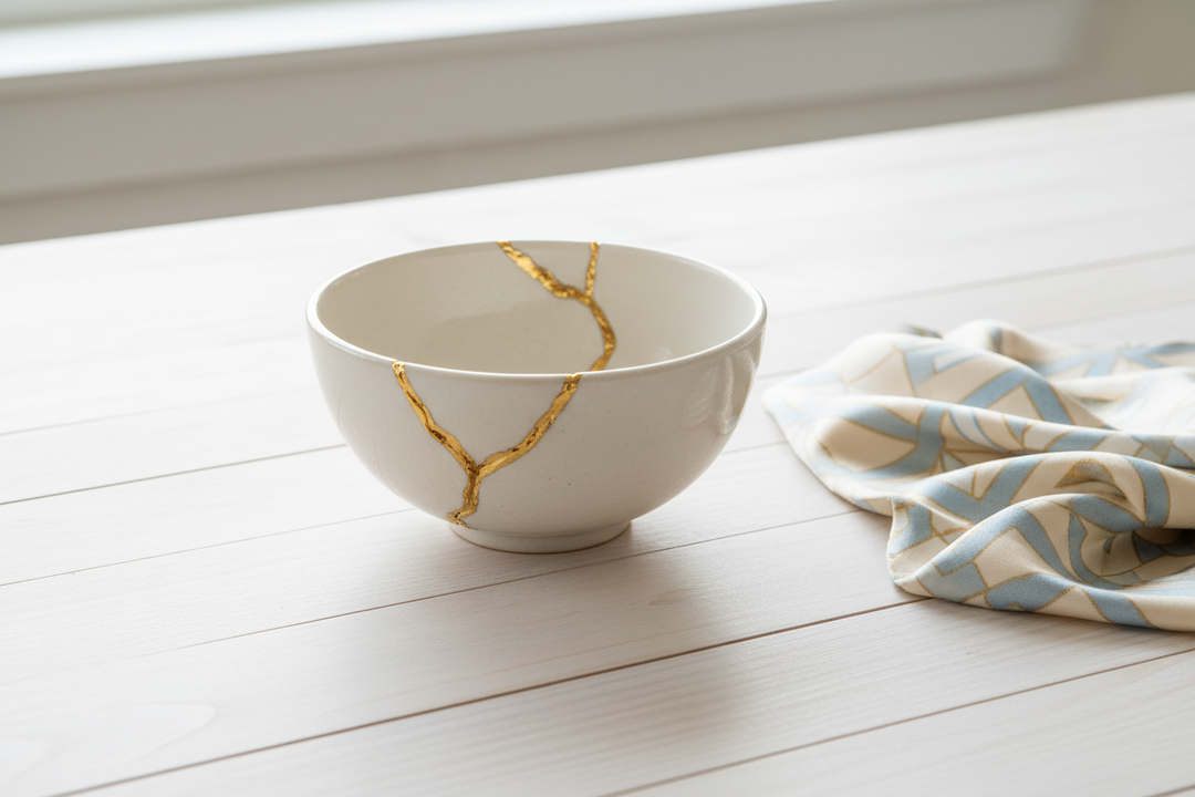 A broken ceramic bowl rejoined with bright gold seams sitting beside a folded piece of patterned Japanese fabric on a pale wooden table.