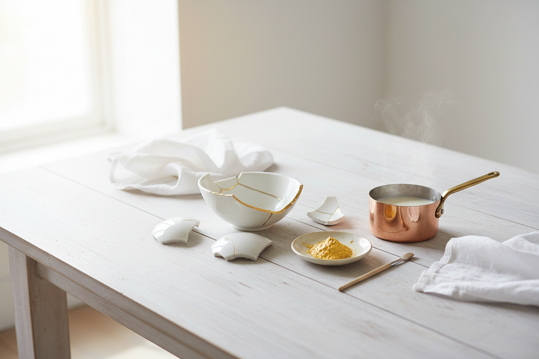 A kitchen table set up for a first project with a broken bowl, a small brush of gold pigment and a pan of warm milk.