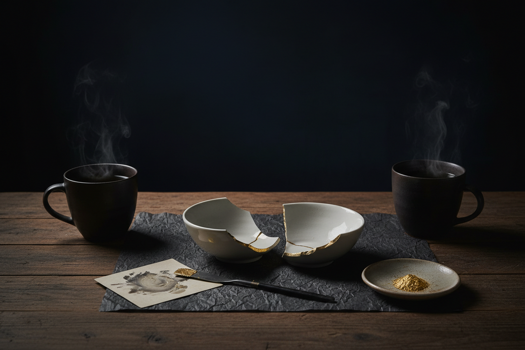 A kitchen table set up for a repair project with a broken bowl, a mixing card, a spreader and two mugs of tea in evening lamplight.