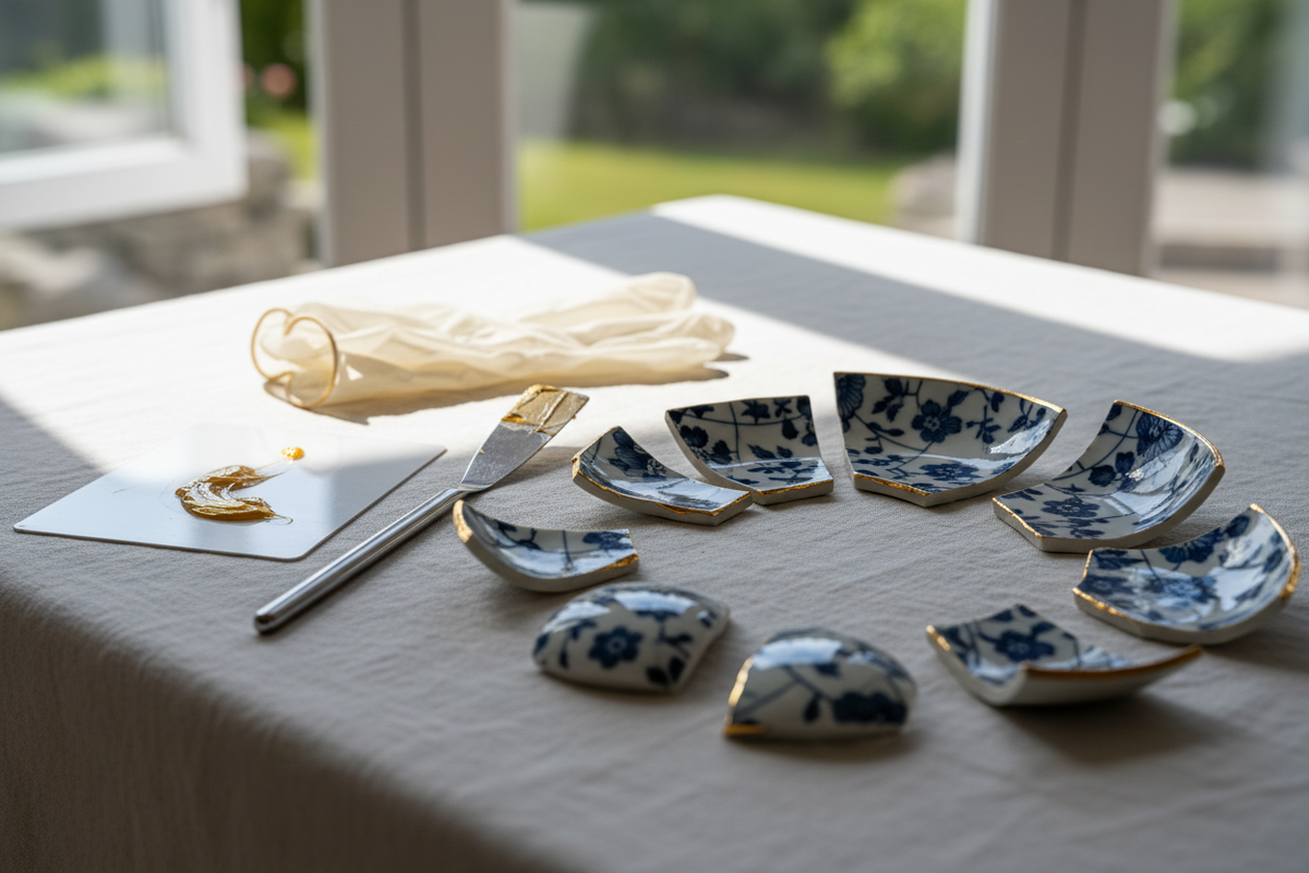A tidy work table covered with a cloth, with gloves, a mixing card, a spreader and the pieces of a broken bowl laid out beside an open window.
