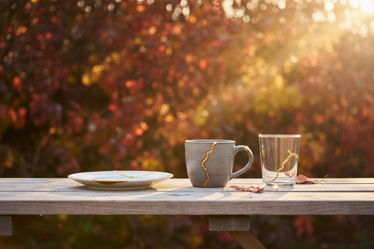 A white porcelain plate, a chunky stoneware mug and a clear glass tumbler on a work surface, each showing a gold repair seam.