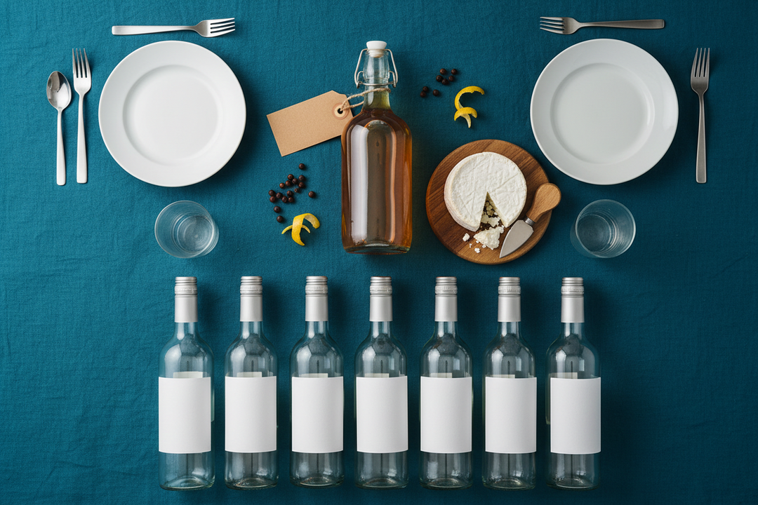 Two glasses beside a bottle of home made gin, a board of fresh cheese and six labelled wine bottles on a kitchen table.