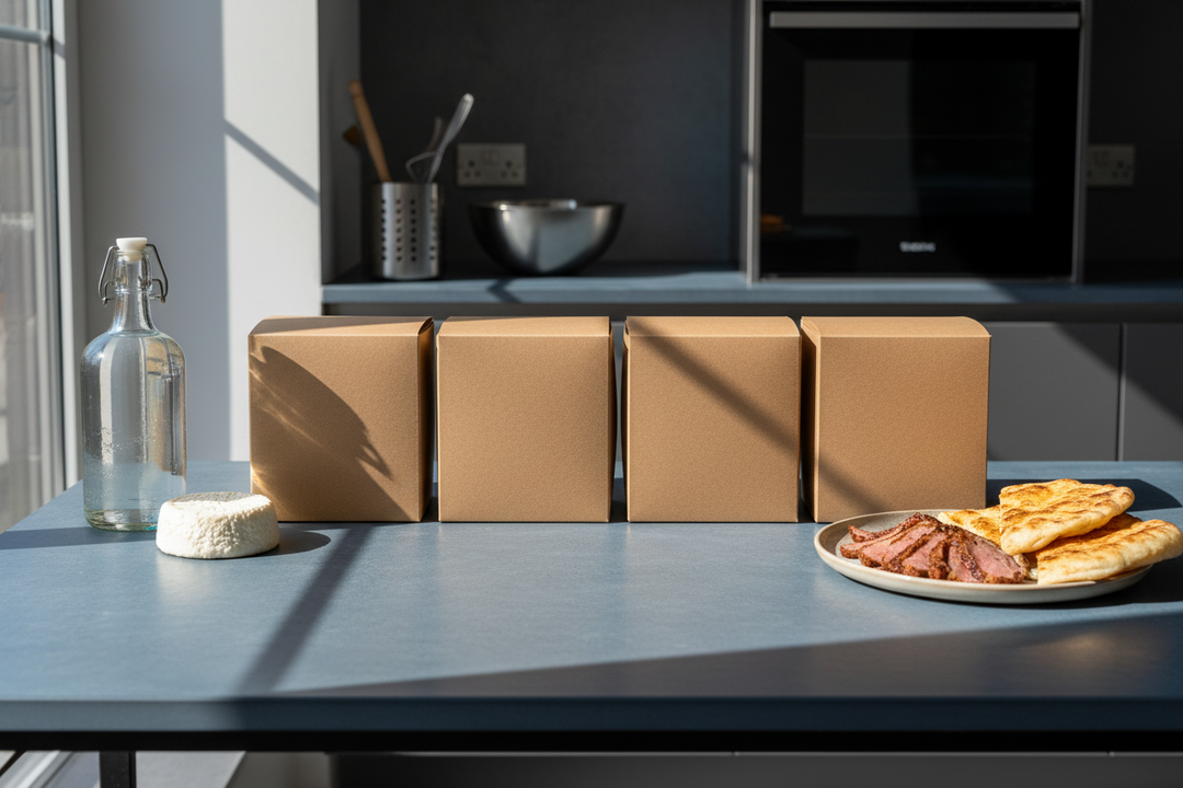 Four make your own kit boxes lined up on a kitchen table beside a bottle of gin, a wedge of fresh cheese and a carved kebab.