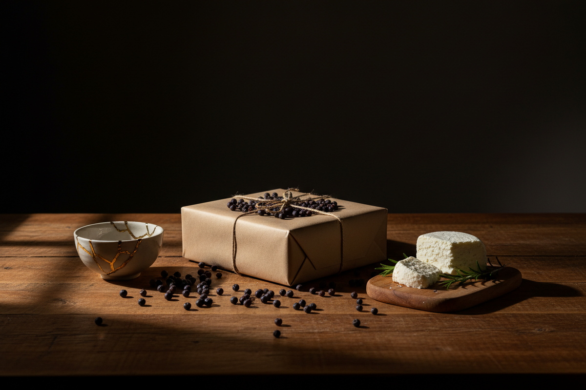 A wrapped gift box on a kitchen table beside juniper berries, a small gold-seamed bowl and a jug of milk.