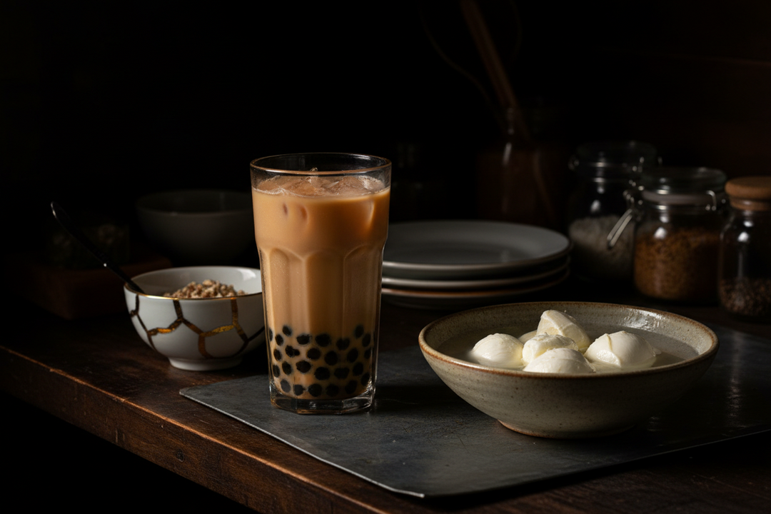 A kitchen worktop with a tall glass of boba milk tea, a bowl of fresh mozzarella in water and a gold mended bowl out of reach at the back.
