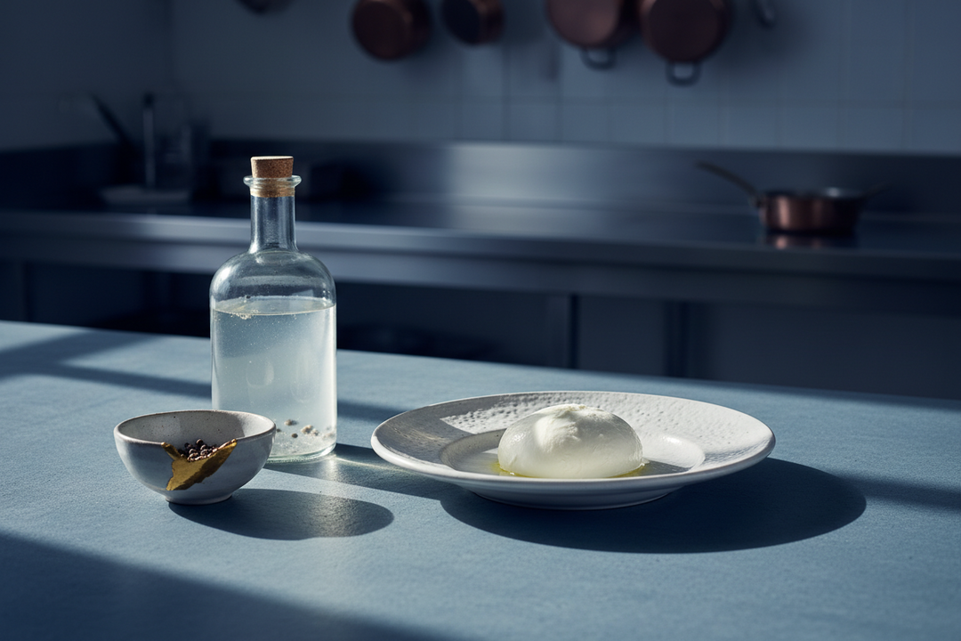 A ball of fresh homemade mozzarella on a plate beside a bottle of homemade gin and a ceramic bowl mended with a gold seam.