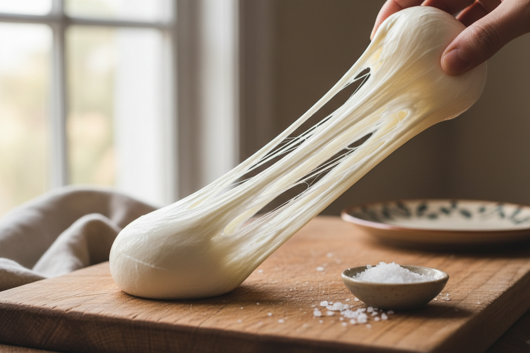 A ball of white stretchy cheese being unwound into strands on a wooden board in a farmhouse kitchen.