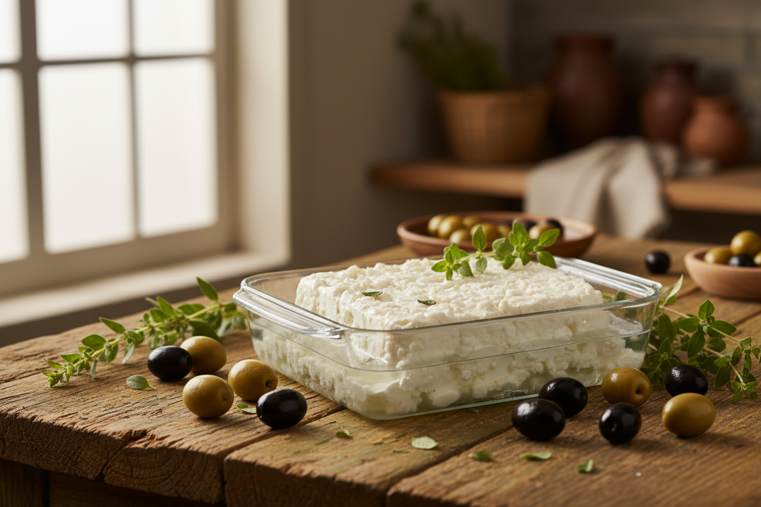 Cubes of white crumbly feta-style cheese draining in a cloth-lined colander beside a bowl of brine on a wooden worktop.