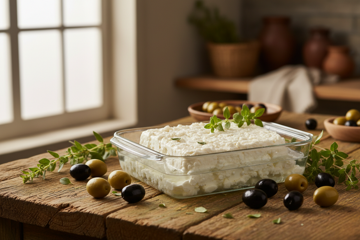 Cubes of white crumbly feta-style cheese draining in a cloth-lined colander beside a bowl of brine on a wooden worktop.