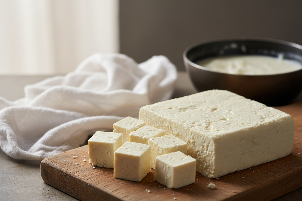 A pressed block of homemade paneer on a cheesecloth beside cubes frying golden in a pan.