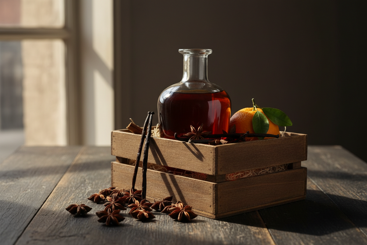 A jar of dark rum infusing with cinnamon, star anise and ginger beside a tasting glass on a wooden table.