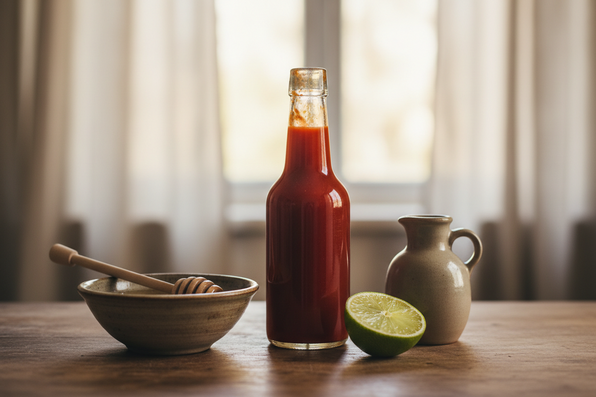 A saucepan of deep red chilli sauce being tasted with a small spoon beside dried chillies, a lime half and a bottle of vinegar.