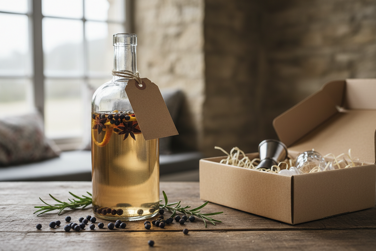 A swing-top bottle of homemade gin with a handwritten kraft tag tied to the neck, beside juniper berries and dried citrus peel.