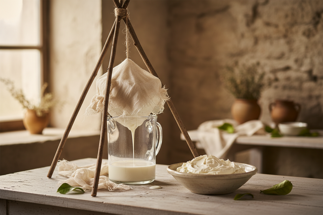 A bowl of fresh homemade ricotta and a dish of mascarpone on a wooden table beside a cloth-lined sieve.