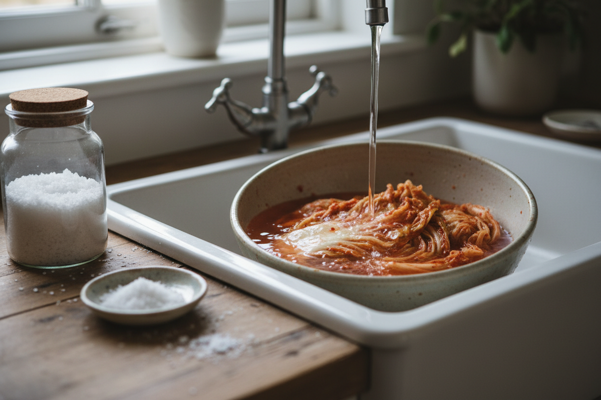 A glass jar of bright red homemade kimchi beside brined Chinese leaf cabbage and a bowl of chilli paste on a wooden worktop.