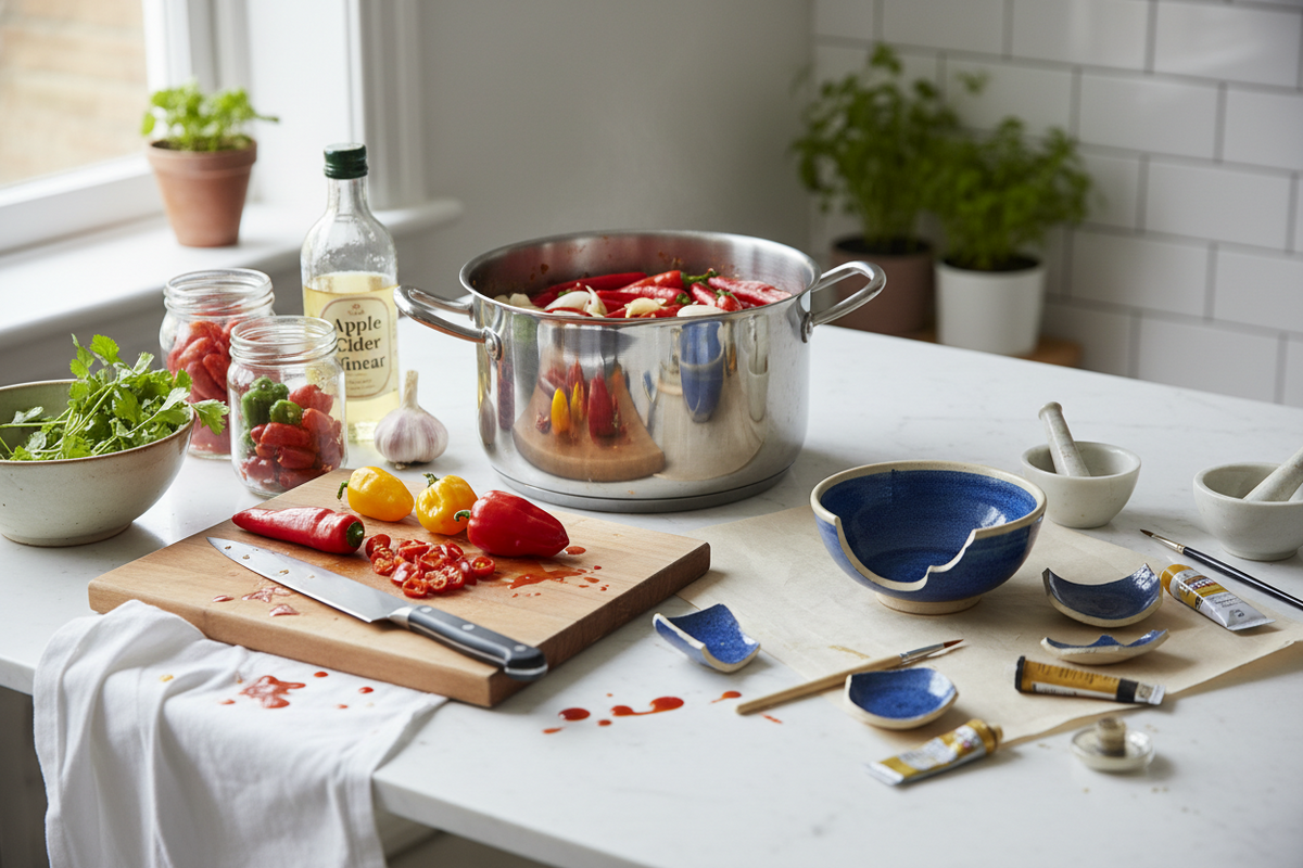 A kitchen worktop with fresh mozzarella being stretched, small bottles of homemade chilli sauce and a ceramic bowl mended with gold seams.