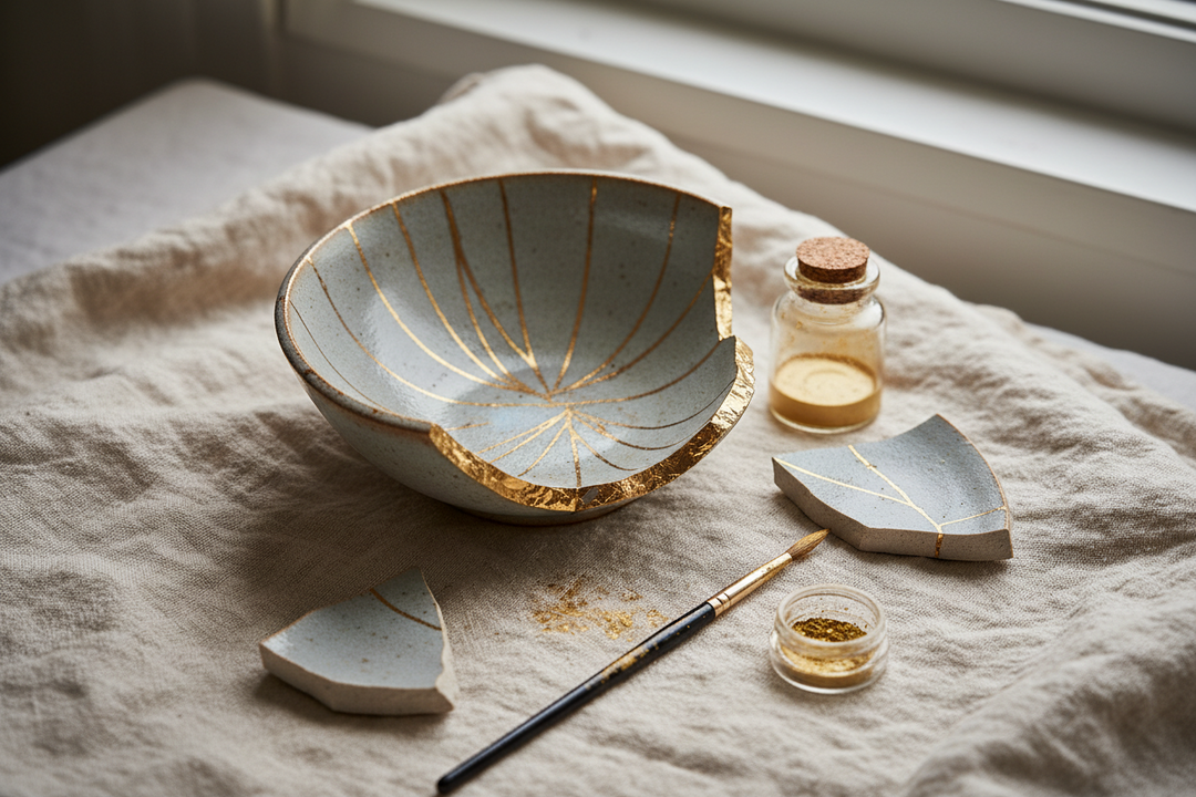 A broken ceramic bowl part-mended with bright golden seams beside epoxy, a mixing card and gold powder.