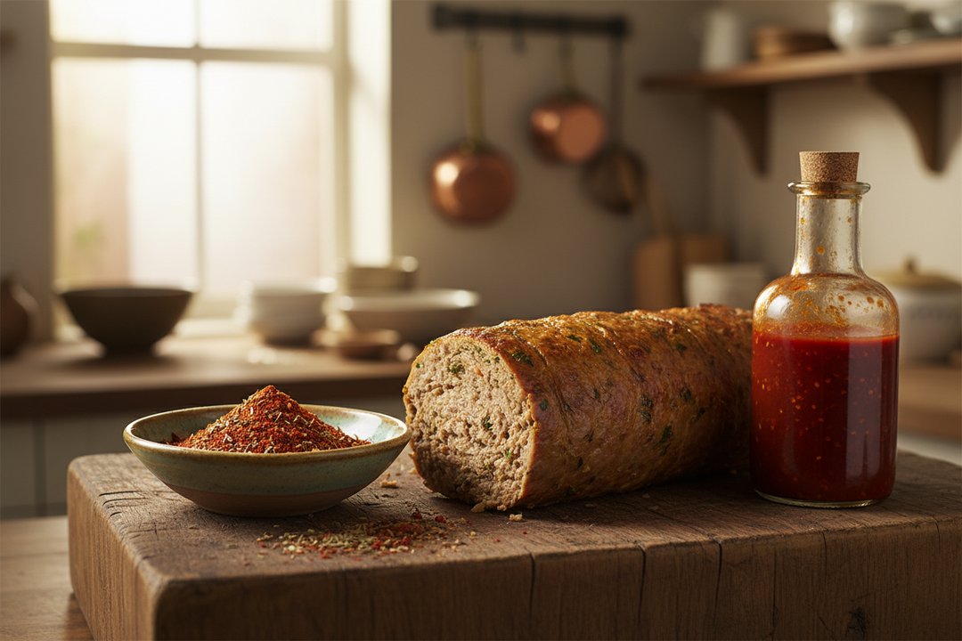 A doner kebab loaf being carved thin on a wooden board beside bottles of homemade chilli sauce and a curing joint of pork belly.