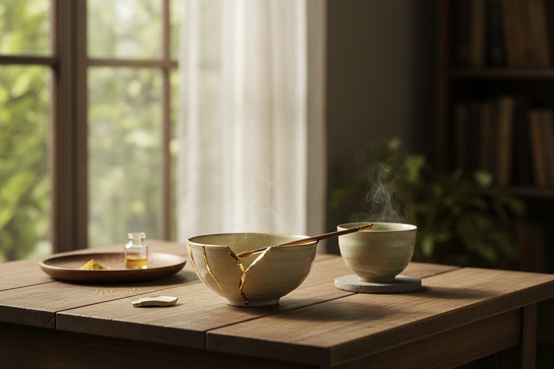 A cracked ceramic bowl mended with fine golden seams resting on a rustic wooden table beside a soft cloth.