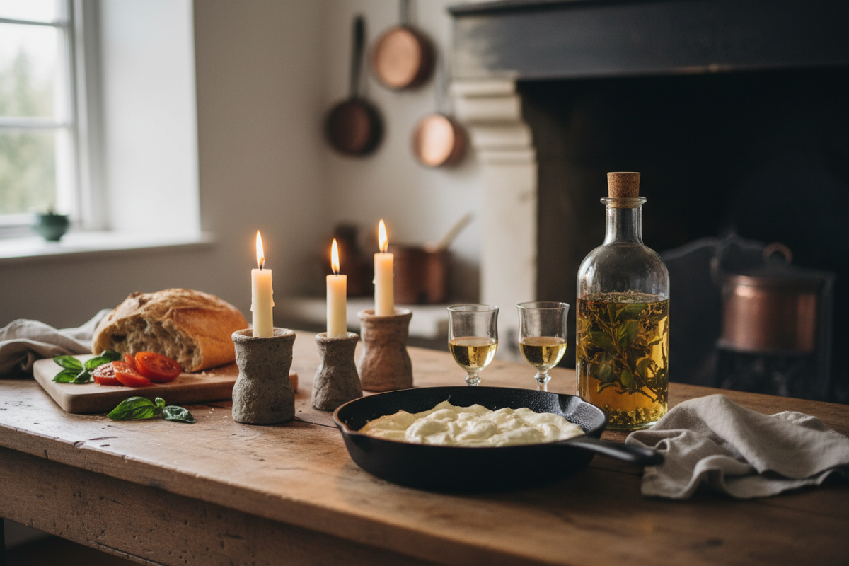 Two pairs of hands stretching fresh mozzarella over a bowl on a farmhouse kitchen table, with a jar of infusing gin nearby.