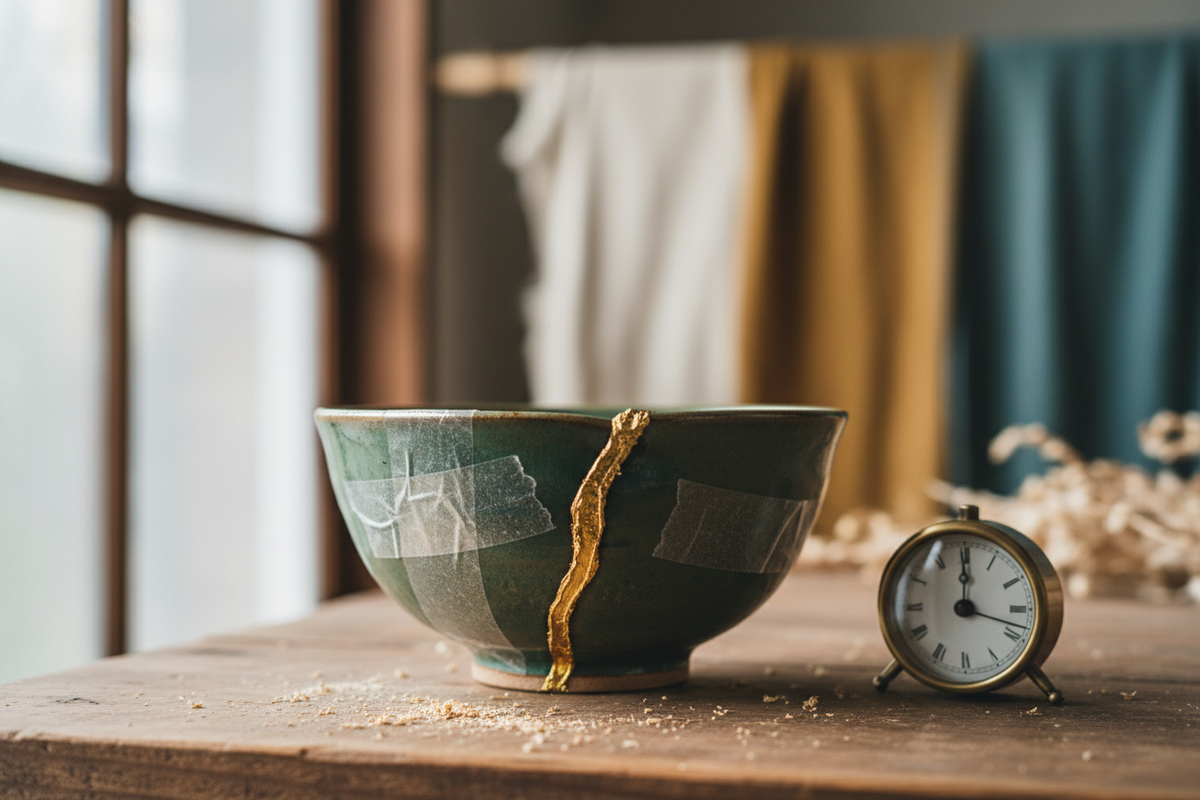 A ceramic bowl mid-repair with golden seams drying on a wooden table beside mixing card and applicator.