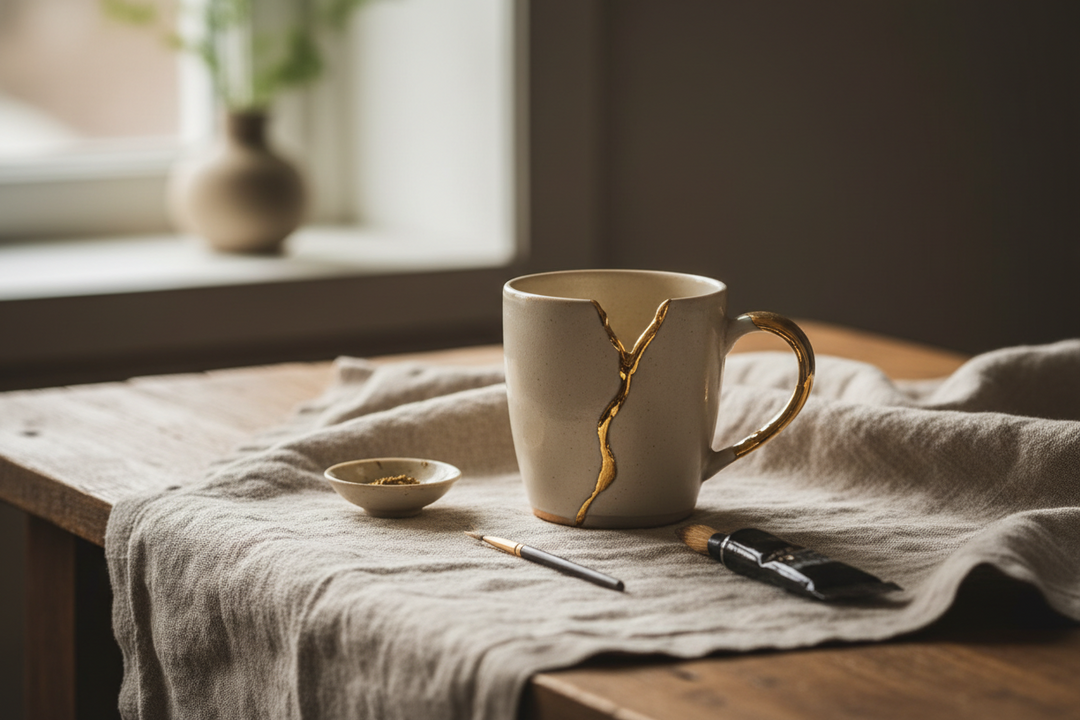A repaired ceramic mug with a golden seam running along its handle, resting on a wooden table.