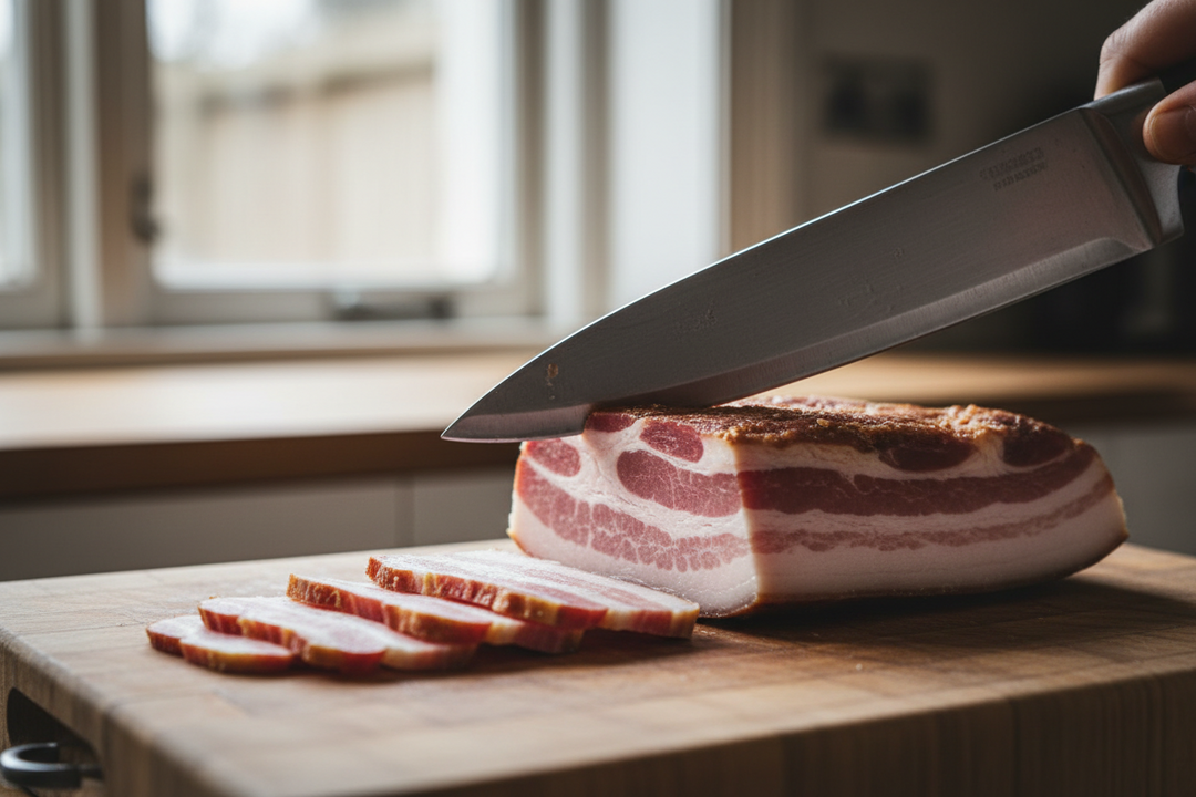 A slab of home-cured streaky bacon part sliced into rashers on a wooden board beside a long carving knife.